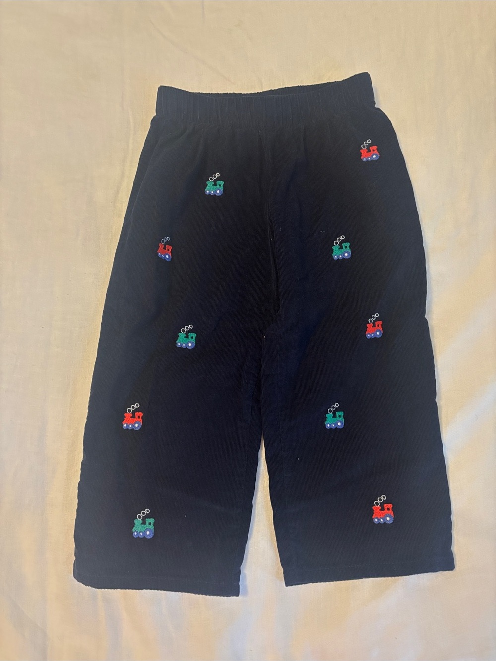 Kids Black Corduroy Pants with Red & Green Train Embroidery